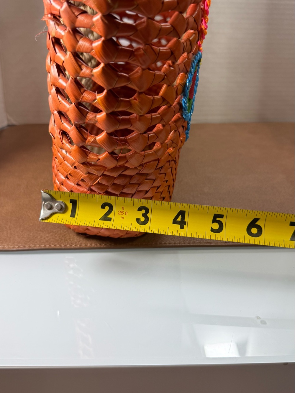 Orange and Natural Floral Embroidered Straw Tote - Picture 5 of 6